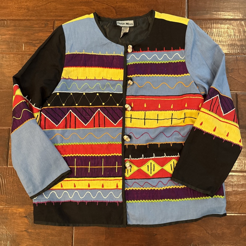 Vintage Indigo Moon Jacket Women Medium Cotton Colorful Rainbow Abstract Lined
